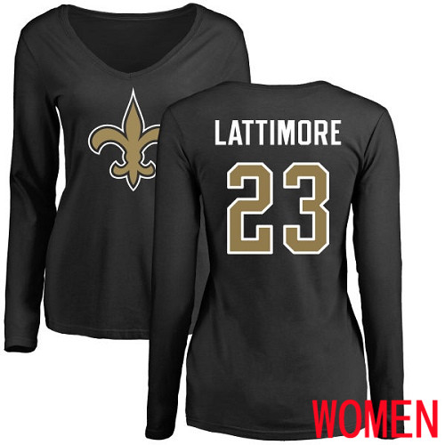 New Orleans Saints Black Women Marshon Lattimore Name and Number Logo Slim Fit NFL Football #23 Long Sleeve T Shirt